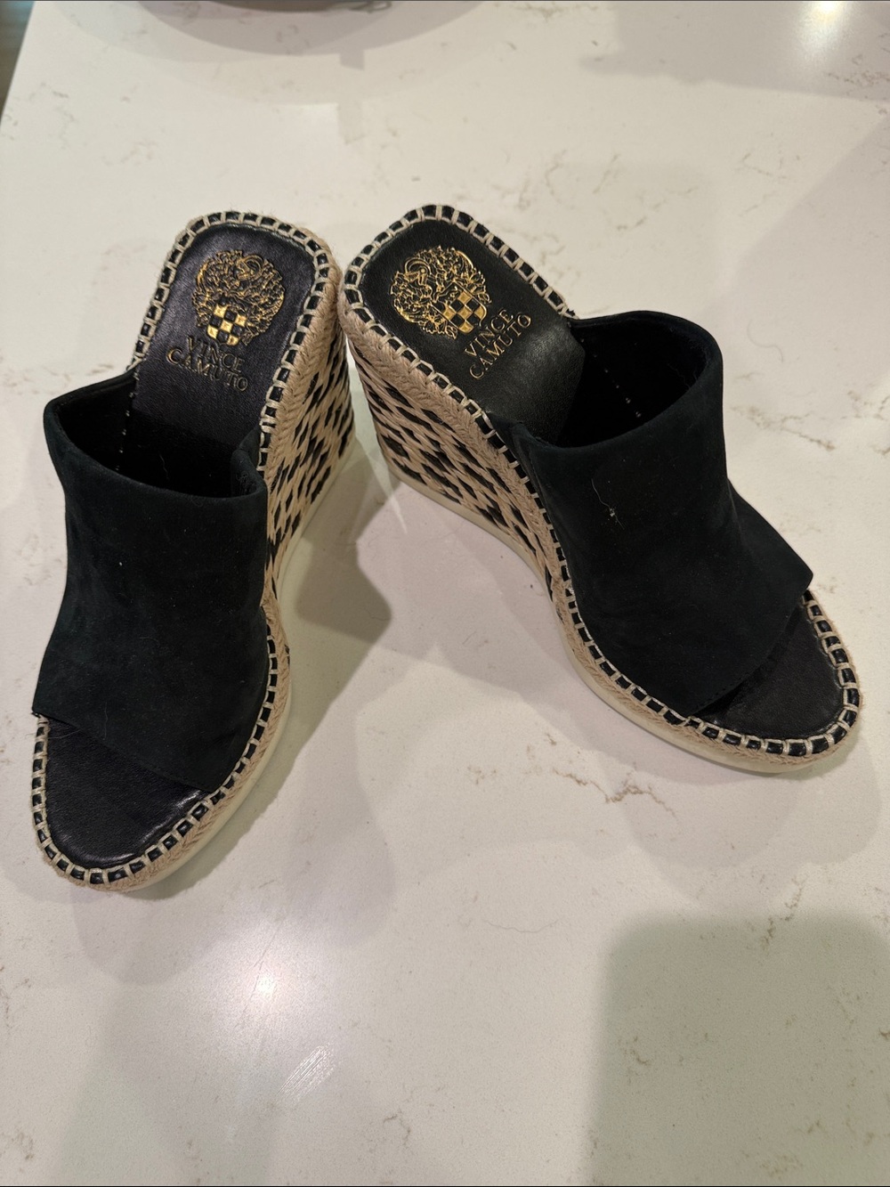 Vince Camuto Black Suede Wedge Sandals with Natural Raffia Platform